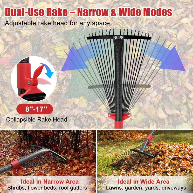 Adjustable Garden Leaf Rake - 58" Heavy Duty Metal Leaves