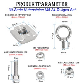 LEAUM 24-Piece Set T-Slot Nuts M8 Slot 8, M8 T-Nut Carbon Steel T Slot Nut Set with M8 Eye Bolt for Aluminium Profile Extrusion Slot 30 Series
