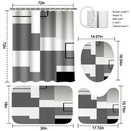 KINUUIS 4 Pcs Geometric Bathroom Shower Curtain Sets with with Toilet Lid Cover and Non-Slip Rugs, Grey Modern Abstract Bathroom Decor Sets with Shower Curtain and Rugs for Bathroom