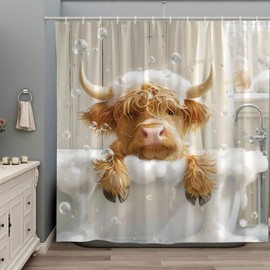 Funny Highland Cow Shower Curtain Fun Animals in Bathtub Brown Calf Cute Cattle Bubble Rustic Farm Animal Bathroom Accessories Decor Set with Hooks 70Wx70H Inch