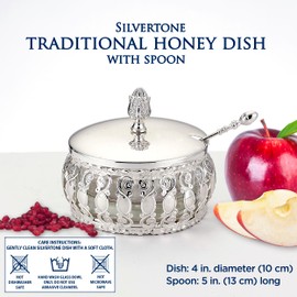 Rosh Hashanah Apple & Honey Dish Set Silver - Jewish New Year Hostess Party Favors Cooking Serving Kitchen Accessories Holiday Presents Shana Tova Table Decorations with Glass Insert & Metal Spoon!