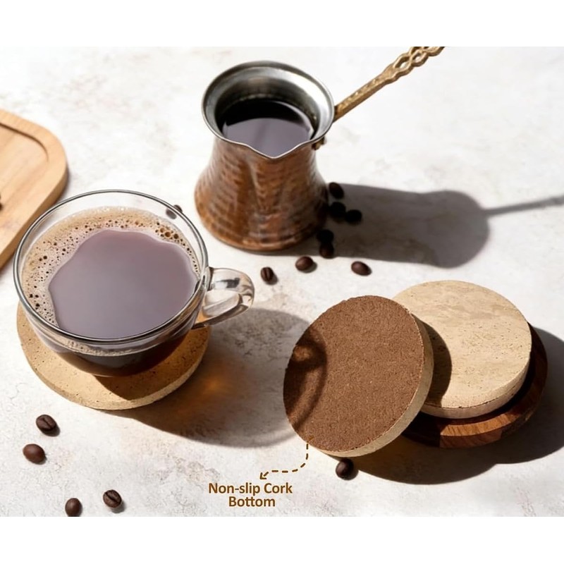 4" Round Natural Travertine Marble Coasters with Cork Backing,Stone Drink