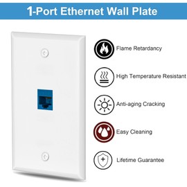 4 Pairs Ethernet Wall Plate Cat6 1 Port Keystone Jack Wall Plate with RJ45 Coupler Outlet Connector and Single Gang Low Voltage Mounting Bracket