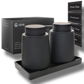 G-one Rust-Proof 12ounce Non Leakable Plastic Liquid & Lotion Refillable Matte Black Hand Dish Soap Dispenser Set with Tray and Waterproof Labels for Modern Bathroom and Kitchen(Rubber Paint)