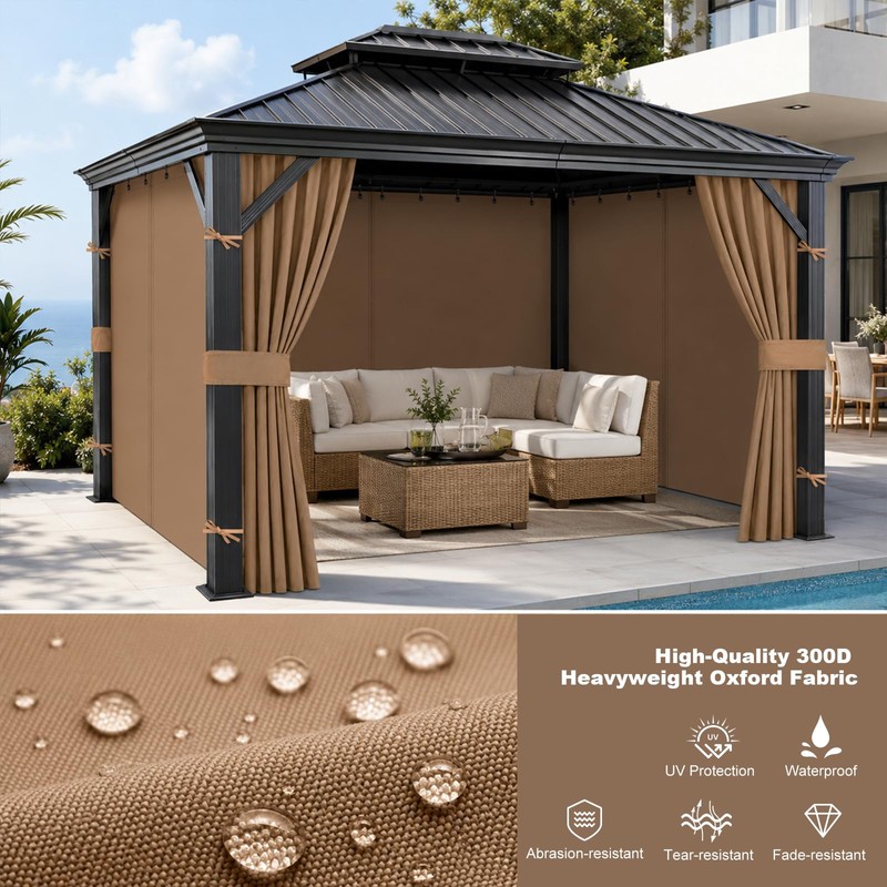 10x12 Gazebo Curtains, 4-Panels Gazebo Replacement Curtains with Zipper &