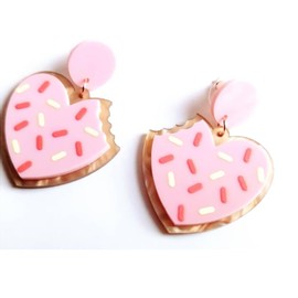 Pink Sugar Cookie Heart Earring Earrings Acrylic Doughnuts Donuts Pastry Baker Bakeries Studs Drop Gold Fruit Twin Cherry Strawberry Garden Desert Cottage Cottagecore Red Nature Sweet Kawaii Party 70s Punk Round Retro Cartoon Metal Shred Passion Love Dan