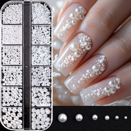 12 Grids Nail Art Charms,3D Nail Pearls Round and Half Round White Pearl Charms,Nails Design Flat Back Pearl Beads for Acrylic Nail Decorations,Crafting Manicure and Crafts