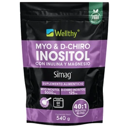 Wellthy Myo & D-Chiro Inositol Polvo 540g con Inulina, Magnesio Marino. Mezcla óptima 40:1 5000mg Myo Inositol, 125mg D-Chiro Inositol, Magnesio 330mg. 100% Naturales, Gluten Free, Sugar Free, Vegan.