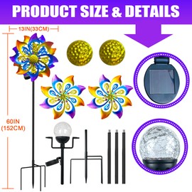 60 Inch Solar Wind Spinner Outdoor - Double-Sided Rotating Colorful Kinetic Wind Spinners for Garden, Yard Decorations Outdoor,Metal Wind Sculptures & Spinners, Wind Art
