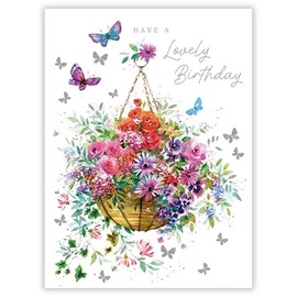 Female Birthday Card for Women - General Card for Her - Hanging Basket and Butterflies - Artistic Floral Design - Made in the UK - Eco-Friendly