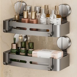 Suction Cup Shower Caddy,Shower Shelves with Hooks,No Drilling Powerful Suction Bathroom Organizers and Storage,Removable Waterproof Rustproof Shower Accessories Decor (2 Pack) (Grey)