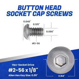 Fastenere Button Head Socket Cap Screws - 2-56 x 1/8" (100 Pack) Stainless Steel 18-8, Full Thread, Bright Plain Finish, Corrosion-Resistant, Machine Thread, Easy to Install w/Allen Socket Drive
