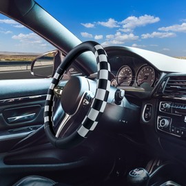 Evankin Evankin Lattice Leather Steering Wheel Cover, Black and White Checker Car Accessories, Non-Slip and Comfortable Unisex Universal Steering Wheel Cover 15 inch for Women Men (Black and White Checker)