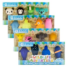 BAZIC 3D Erasers, Wildlife Mini Animals Pencil Erasers (4/Pack), 4 Count for Bulk Prizes, Treasure Chest, Classroom Must Haves
