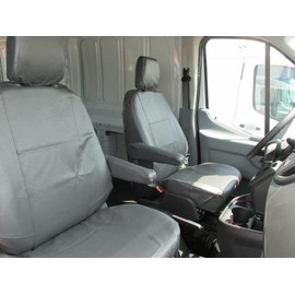 Durafit Seat Covers. Compatible with 2014-2021 Ford Transit Front Bucket Seats with Inside armrests, Adjustable headrest. Dark Gray Leatherette, Industrial Strength Protection.