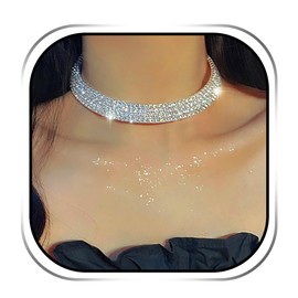 JEAIRTS Rhinestone Choker Necklace Silver Sparkly Rhinestone Multi-Row Necklaces Chain Bling Crystal Chokers Fashion Minimalist Party Prom Jewelry Accessories for Women(C-3 Layers)