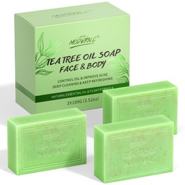 Tea Tree Soap Bar for Face & Body Wash Tea Tree Oil Bath Soaps for Athlete's Foot Body Odor Acne Deep Clean Men Women All Skin Types with Mesh Soap Bag 3x100G