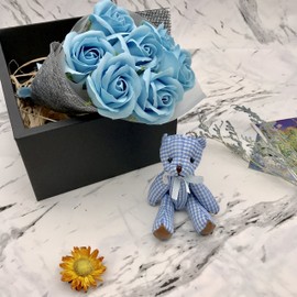 Abbie Home Rose Bouquet 7 Scented Soap Flower Gift Box with Cute Teddy Bear for Her Girlfriend Teen Girls Anniversary, Birthdays, Valentine's Day, (Light Blue)