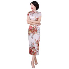 Shanghai Story Faux Silk Chinese Dress Long Cheongsam Floral Qipao L White