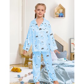 EPLAZA Kids Satin Pajamas Sets Girls Boys Button-Down Silky Pajamas Sleepwear with Hairband Eye Mask Hair Tie (QL-white-Penguin, 165)