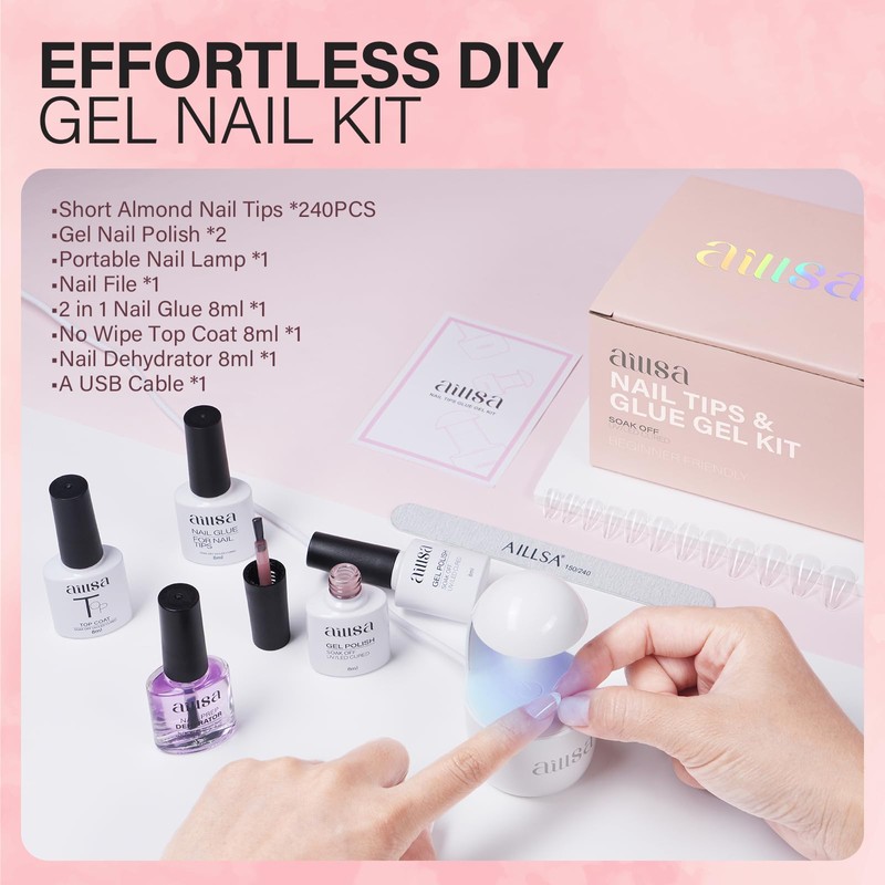 AILLSA Gel Nail Kit Short Almond Nail Tips 240pcs with