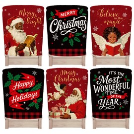 Whaline 6Pcs Christmas Chair Back Cover African American Black Santa Angel Seat Covers Dining Chair Slipcover Protector for Winter Xmas Home Kitchen Decor