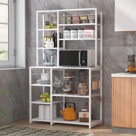 LITTLE TREE Bakers Racks for Kitchens with Utility Storage Shelf, Large Capacity Microwave Stand with Side Hooks, White