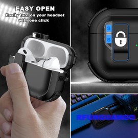 RFUNGUANGO for AirPods Pro 2nd/1st Generation Case Cover with Secure Lock Clip,Automatic Pop-up Case Full-Body Shockproof Hard Protective Cover for AirPods Pro 2 Case(2023/2022/2019) E-Black