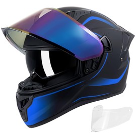 Full Face Motorcycle Helmets for Adult Men Women, DOT Approved Street Bike Racing Helmet Dual Visor Quick Release Buckle, Motorbike ADV Moped Helmet with Extra Clear Visor (Matte Black Blue, M)