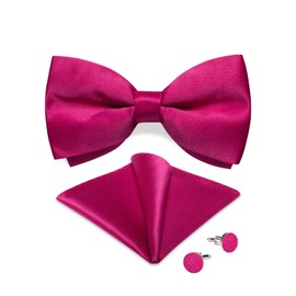 DiBanGu Satin Bow Ties for Men Silk Hot Pink Pre-tied Bowtie and Pocket Square Cufflinks Set for Wedding Party