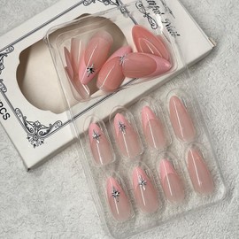ROFIBUT Pink French Tip Press on Nails Long Stiletto Fake Nails with Star Charms Design Pink Full Cover Acrylic Nails Reusable Stick on Nails Glossy Artificial Nails for Women Nail Decor 24Pcs