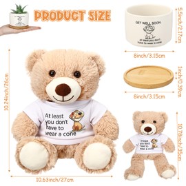 Blueweenly 13.8" Get Well Soon Bear with White T-Shirt, Mini Ceramic Succulent Planters Pots with Bamboo Tray, Stuffed Animals at Least You Don't Have to Wear A Cone Gifts for Women Man