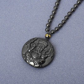 Black Obsidian Elephant Necklace Fortune Ganesha Protection Pendant Healing Crystal India Elephant God Amulet Spiritual Gifts For Men Women