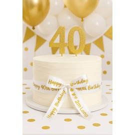 Gold Swirly Foil Print Happy 40th Birthday Ribbon Satin 2m x 25mm for Cakes, Bday Cakes Gift Wrap Wrapping Ribbon Cards Decorations Craft