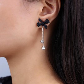 Aneneiceera Vintage Crystal Dangle Earrings Black Acrylic Bow Stud Earrings Black Bowknot Earrings Silver Cz Chain Drop Earrings Jewelry for Women
