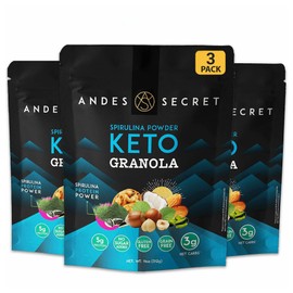 Andes Secret Low Calorie Granola - High Protein Cereal, Spirulina Powder Keto Low Carb Granola for Yogurt - Almonds Walnuts Hazelnuts - 3g Net Carbs, No Sugar Added, Grain & Gluten Free, 11oz (3-Pack)