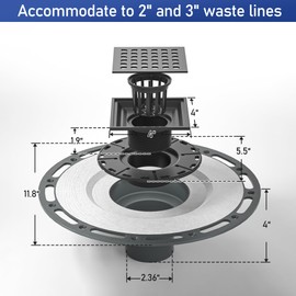 Bernkot Square Shower Drain, 4" Matte Black 304 Stainless Steel Drain Grate Removable Drain Key with PVC Bonding Flange Base for Low Profile Floor Tiles, CUPC Certified