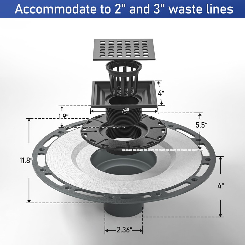 Bernkot Square Shower Drain, 4" Matte Black 304 Stainless Steel