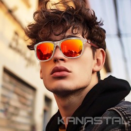 KANASTAL Polarized Sunglasses for Women Men Trendy Mirrored Sunglasses Al-Mg Temples Womens Sun Glasses UV Protection, Transparent Frame Mirrored Orange Red Lenses Red Temples