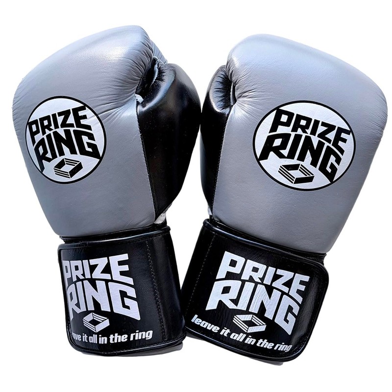 PRIZE RING "Professional 5.0" Genuine Leather Boxing Gloves Gray/Black (10oz)