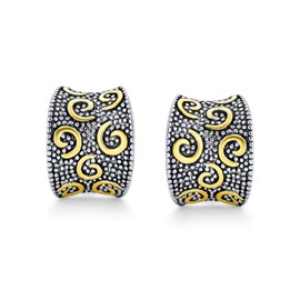 Set of Two Egyptian Greek Motif Bali Style Swirl Two Tone Wide Concave Half Hoop Clip On Earrings For Women Non Pierced Ears Matte Gold Plated Brass