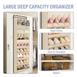 FENTEC 1 Pack Over The Door Shoe Organizer, 68" Exlarge Deep Pockets Hanging Shoe Organizers, 8-Tier Shoe Rack for Closet, Shoe Holder for Boots,Over Door Organizer in Home, RV, Dorm, Beige