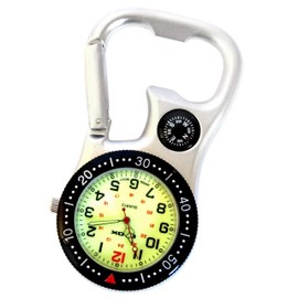Klox White Silver Clip on Carabiner FOB Watch with Green Luminous Face and Compass and Bottle Opener for Doctors Nurses Paramedics Chefs