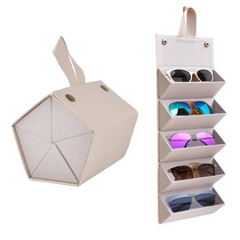 Kenpal Sunglasses Storage Organizer Holder Foldable Travel Case with 5 Slot Compartments for Multiple Glasses (Beige)