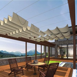 Patio 3'Wx16'L Beige Upgraded Retractable Pergola Canopy Replacement Shade Cover Slide on Wire Canopy Pergola Shade Cloth Awning Roof Wave Shade Deck Trellis Porch