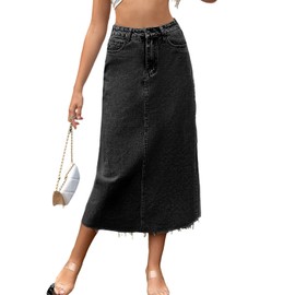 Viatabuna Denim Skirts for Women Midi Length High Waist Frayed Hem A line Long Jean Skirt with Pockets C# Black