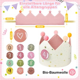 Ochomasun Birthday Crown, Muslin, Reversible Birthday Crown for Boys and Girls, Velcro Buttons with Numbers from 0-9, Gift for Children's Birthday Party