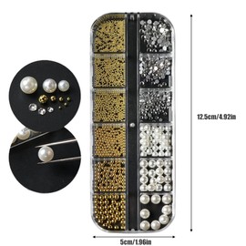 1 Box/12 Grid Nail Art Rhinestones, White Beads for Nails, Semicircular Pearl Balls, Nail Charms, Small Stainless Steel Beads, Caviar Beads, White Flatback Beads for Women, Acrylic Nail Decorations