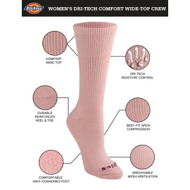 Dickies Women's Dri-Tech Essential Moisture Control Crew Socks, Available in S-XL (6, 12, Comfort Top Light Assorted (6 Pairs), Medium