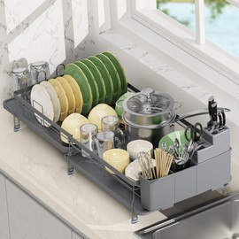 ROTTOGOON Expandable Dish Drying Rack,Multifunctional Adjustable Dish Drainer with Swivel Spout and Anti-Rust Dish Rack with Removable Cutlery & Cup Holders for Kitchen Counter,Dark Grey